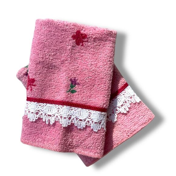 Vtg Dundee Brand Lace Trim Pink Face Cloth Cotton Floral Butterfly Cottage New - Picture 11 of 11